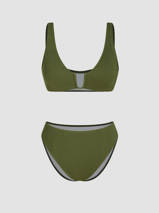 Scoop Neckline Solid Rib Bracelet Cheeky Bikini Swimsuit