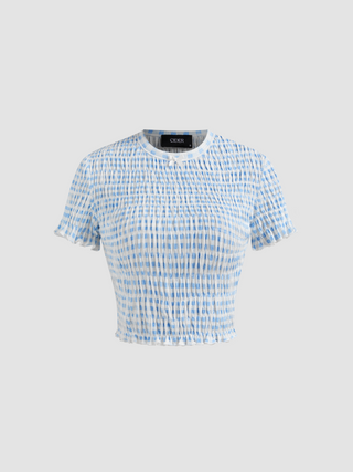 Round Neckline Gingham Shirred Bowknot Short Sleeve Tee