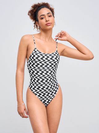 Shaping Round Neckline Abstract One Piece Swimsuit