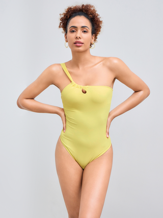 Shaping Asymmetrical Neck Solid One Piece Swimsuit
