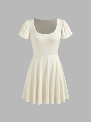 Scoop Neckline Solid Bowknot Ruffle Mini Dress