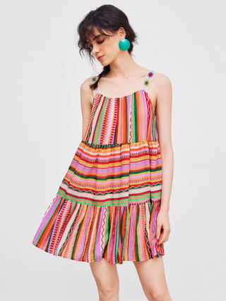 Scoop Neckline Colorful Striped Floral Embroidery Mini Dress