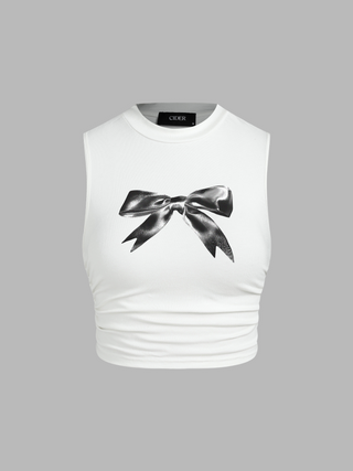 Round Neckline Bowknot Graphic Ruched Tank Top