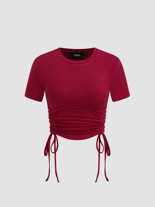 Round Neckline Solid Drawstring Short Sleeve Top