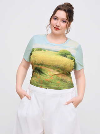Round Neckline Village Scene Graphic Short Sleeve Tee Curve & Plus