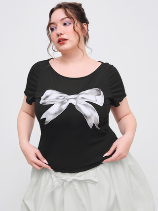 Round Neckline Bowknot Short Sleeve Tee Curve & Plus