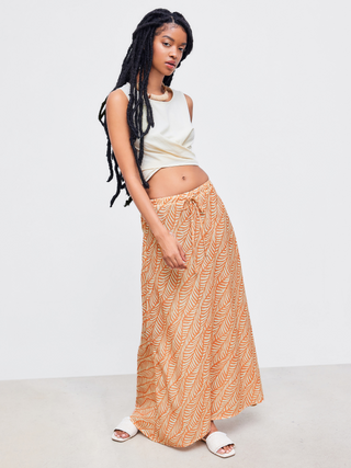 Mid Rise Striped Leaf Knotted Maxi Skirt