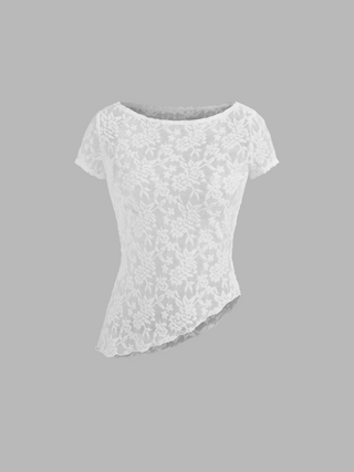 Round Neckline Asymmetrical Hem See-through Lace Short Sleeve Top
