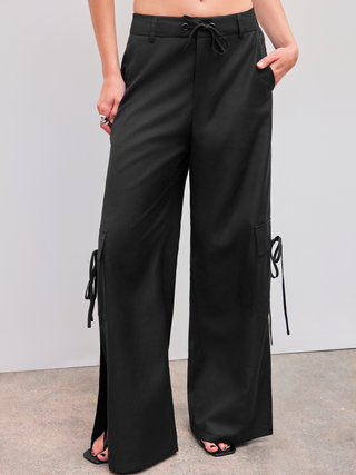 Mid Rise Solid Knotted Straight Leg Cargo Pants