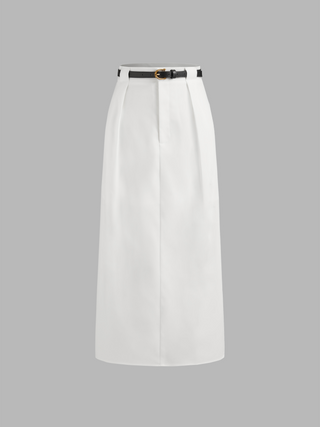 Mid Rise Solid Split Maxi Skirt With Belt