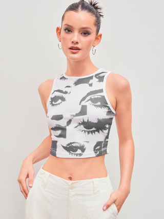 Round Neckline Eyes Graphic Crop Tank Top