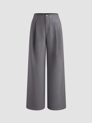 Mid Rise Solid Button Straight Leg Trousers