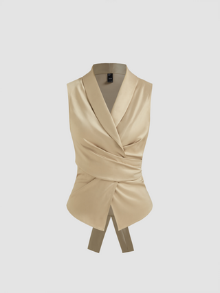 Satin V-neck Solid Wrap Knotted Top