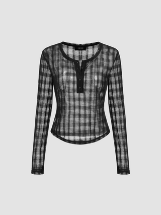 Round Neckline Check Button Long Sleeve Top