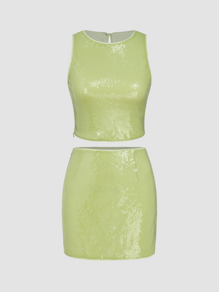 Sequin Boat Neck Solid Zipper Crop Tank Top With Sequin Low Rise Solid Zipper Mini Skirt