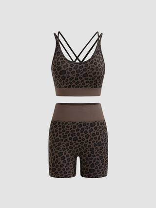 Seamless Round Neckline Leopard Criss Cross Crop Top With High Rise Leopard Legging