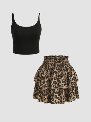 Scoop Neckline Solid Crop Cami Top With Mid Rise Leopard Layered Mini Skirt