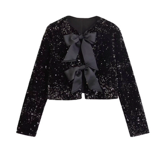 Sequins Round Neckline Tie Front Bowknot Jacket