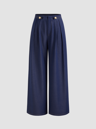 Mid Rise Solid Button Pocket Pleated Wide Leg Trousers