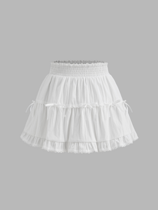 Mid Rise Solid Bowknot Lace Trim Elastic Waist Shirred Skort