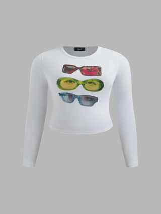 Round Neckline Glasses Graphic Long Sleeve Tee Curve & Plus