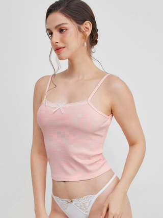 Round Neckline Check Bowknot Lace Trim Crop Cami Top