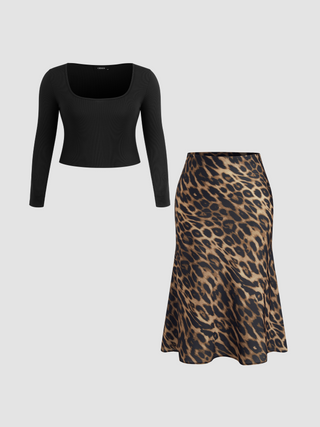 Scoop Neckline Solid Long Sleeve Crop Top & High Rise Leopard Ruffle Maxi Skirt Set Curve & Plus