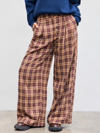 Mid Rise Checks Button Wide Leg Trousers