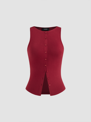 Round Neckline Solid Button Crop Tank Top