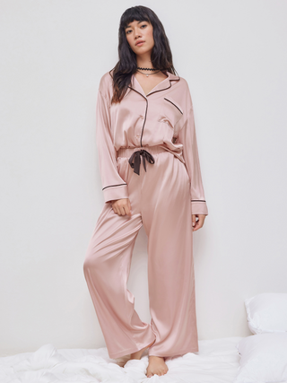 Satin Collar Contrasting Binding Long Sleeve Top & Mid Rise Trousers Loungewear Set