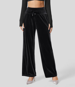 High Waisted Drawstring Side Pocket Wide Leg Velvet Casual Pants