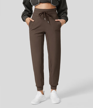 Ribbed High Waisted Drawstring Side Pocket Casual Joggers