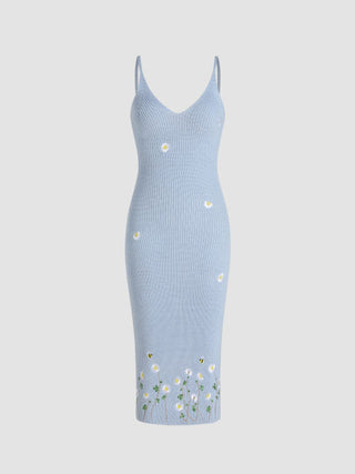 Knit V-neck Flower Graphic Embroidery Cami Midi Dress Curve & Plus
